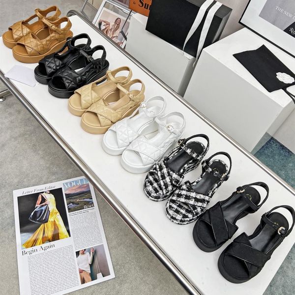 luxury designer quilted platform sandals calfskin tweed canvas cross strap wedges high heels dress shoes ankle buckle wedge peep toe mule ch, Black
luxury designer quilted platform sandals calfskin tweed canvas cross strap wedges high heels dress shoes ankle buckle wedge peep toe mule ch, Black