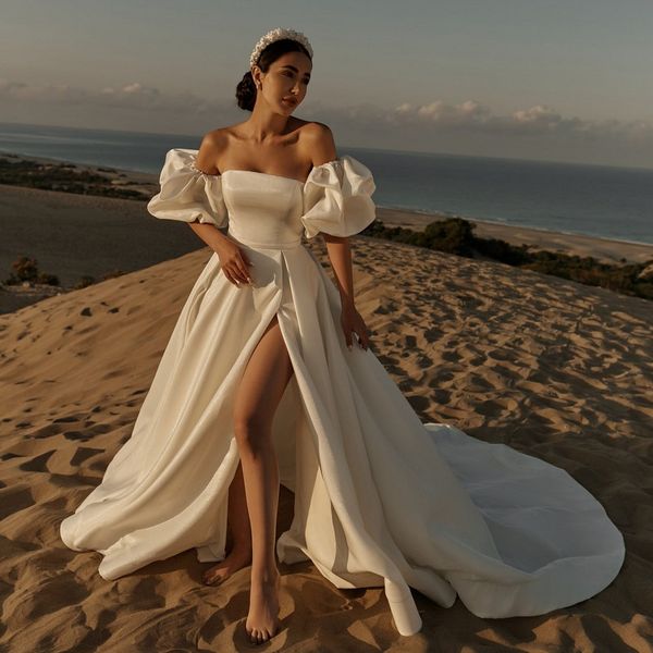 ivory beach wedding dresses side split bridal gowns strapless neckline with short sleeves a line sweep train satin vestido de novia, White
ivory beach wedding dresses side split bridal gowns strapless neckline with short sleeves a line sweep train satin vestido de novia, White