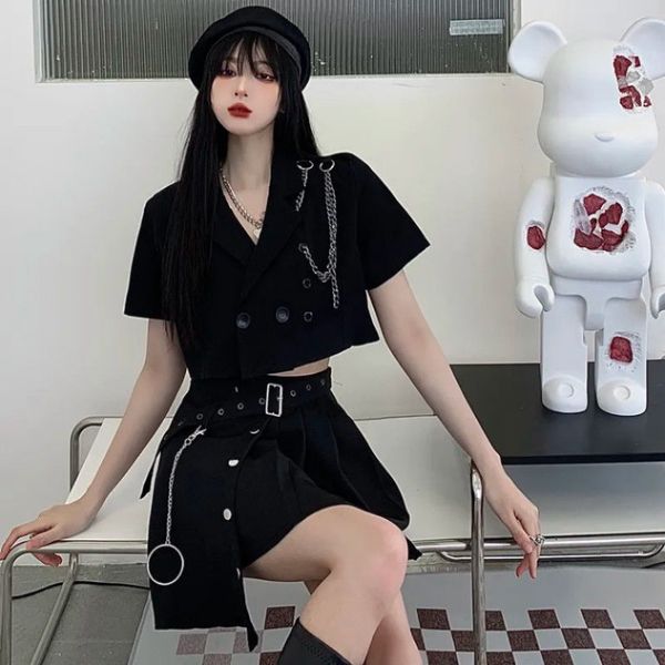 women's suits blazers black crop short sleeve women coats high waist irregular pleated skirts two piece street sets chains buttons 230, White;black
women's suits blazers black crop short sleeve women coats high waist irregular pleated skirts two piece street sets chains buttons 230, White;black