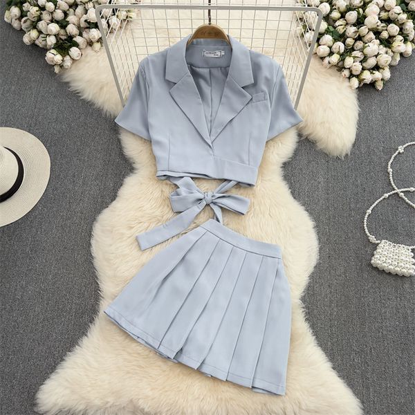 two piece dress fashion suit women's summer notched collar slim crop shirt twopiece high waist pleated short skirt korean blazer outfit, White
two piece dress fashion suit women's summer notched collar slim crop shirt twopiece high waist pleated short skirt korean blazer outfit, White