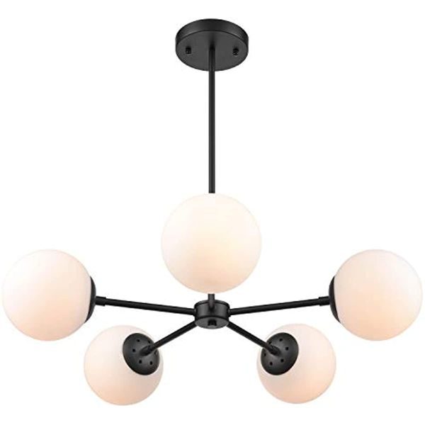 grammercy 5-light chandelier pendant, black with frost white glass globes, classic mid century modern lighting fixture
grammercy 5-light chandelier pendant, black with frost white glass globes, classic mid century modern lighting fixture