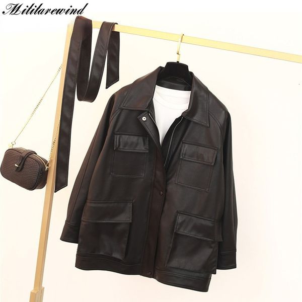 women's jackets midlength leather women bf style retro loose pu korean fashion coat femme with belt motorcycle outerwear 230324, Black;brown
women's jackets midlength leather women bf style retro loose pu korean fashion coat femme with belt motorcycle outerwear 230324, Black;brown