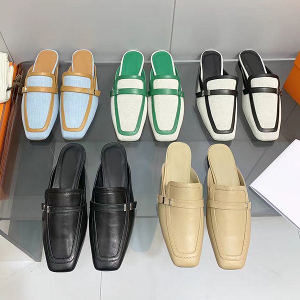 women's half slippers leather vintage muler shoes new designer sandals metal letter buckle luxury brand flat heel lazy flat baotou flip, Black
women's half slippers leather vintage muler shoes new designer sandals metal letter buckle luxury brand flat heel lazy flat baotou flip, Black