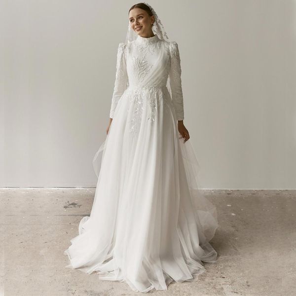 charming beaded wedding dresses muslim sequined bridal gowns high collar with long sleeves a line sweep train tulle vestido de novia, White
charming beaded wedding dresses muslim sequined bridal gowns high collar with long sleeves a line sweep train tulle vestido de novia, White