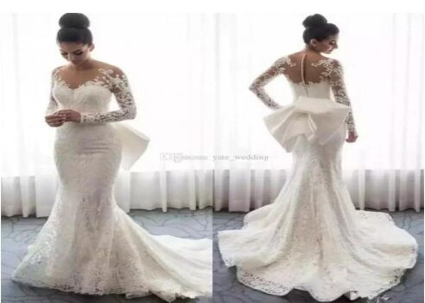 2019 lace mermaid wedding dresses sheer neck long sleeves appliques bow saudi arabic bridal gowns with detachable train buttons br2744809, White
2019 lace mermaid wedding dresses sheer neck long sleeves appliques bow saudi arabic bridal gowns with detachable train buttons br2744809, White