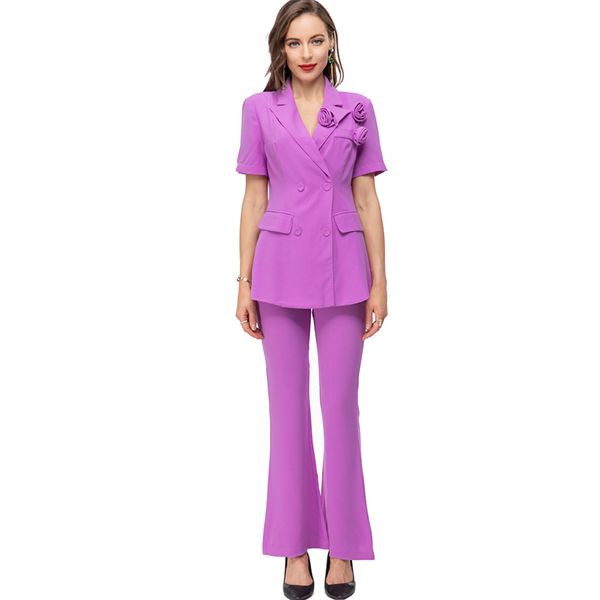 women's runway two piece pants notched collar short sleeves appliques blouse with pant twinsets sets, White
women's runway two piece pants notched collar short sleeves appliques blouse with pant twinsets sets, White