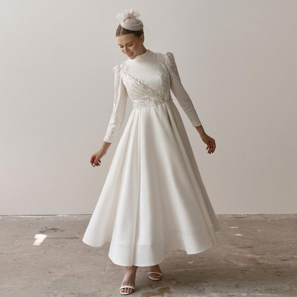 modest beaded wedding dresses muslim sequined bridal gowns high collar with long sleeves a line ankle length satin vestido de novia, White
modest beaded wedding dresses muslim sequined bridal gowns high collar with long sleeves a line ankle length satin vestido de novia, White