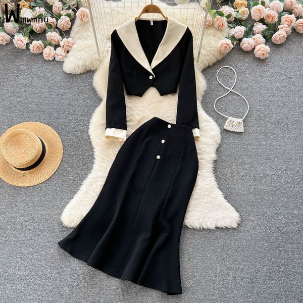 two piece dress office ladies black white elegant skirts outfits korean business short blazers and high waist chic trumpet sets 230324 
two piece dress office ladies black white elegant skirts outfits korean business short blazers and high waist chic trumpet sets 230324