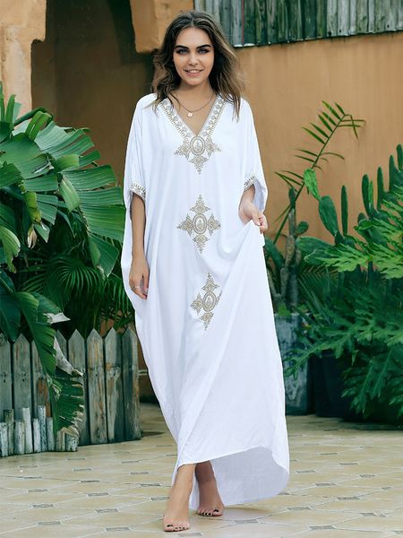 women's swimwear edolynsa elegant gold embroidered kaftan retro robe v-neck white dress plus size women summer beach swimsuit cover up, White;black
women's swimwear edolynsa elegant gold embroidered kaftan retro robe v-neck white dress plus size women summer beach swimsuit cover up, White;black