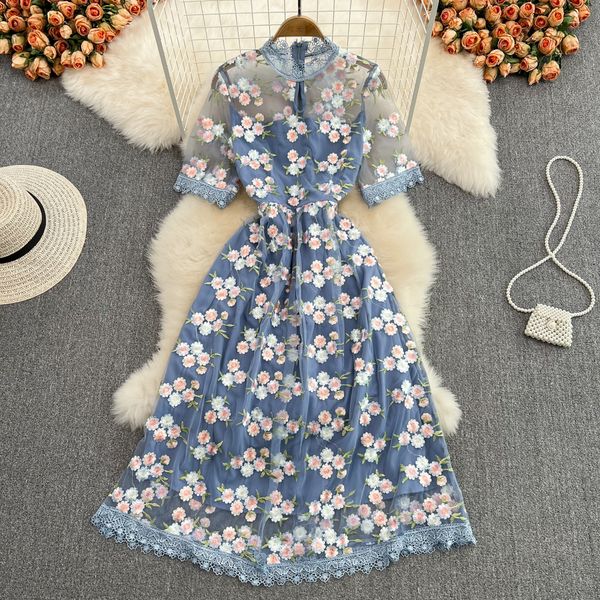 summer premium light luxury style long dress round neck embroidery mesh super fairy sweet waist show thin dress, Black;gray
summer premium light luxury style long dress round neck embroidery mesh super fairy sweet waist show thin dress, Black;gray