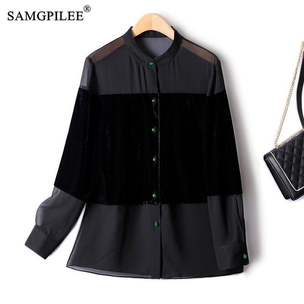 women's blouses shirts european fashion woman slim single breasted gold velvet stitching chiffon long sleeved hepburn style 230324, White
women's blouses shirts european fashion woman slim single breasted gold velvet stitching chiffon long sleeved hepburn style 230324, White