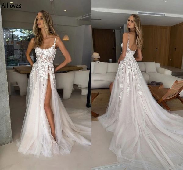 boho floral lace a line wedding dresses thigh split spaghetti straps beach garden maternity bridal gowns low back sweep train tulle vestidos, White
boho floral lace a line wedding dresses thigh split spaghetti straps beach garden maternity bridal gowns low back sweep train tulle vestidos, White