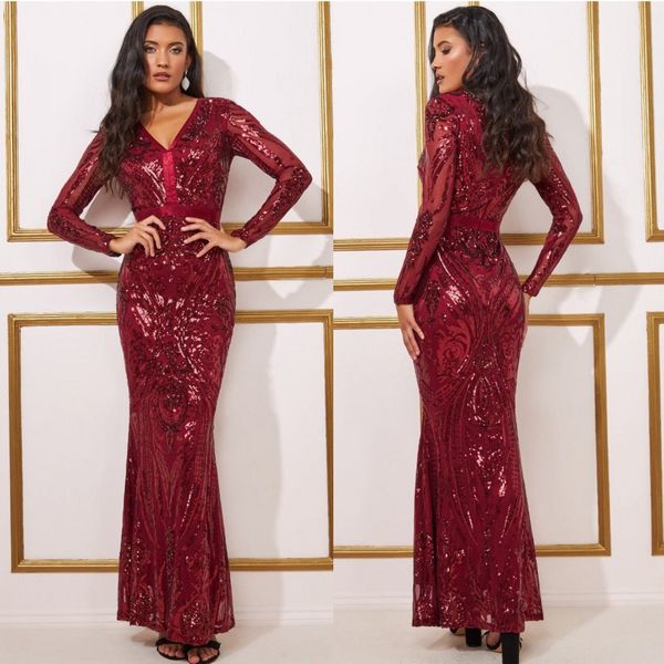 burgundy mermaid evening dresses lace sequined prom gowns long sleeves v neck ankle length formal dress for women, Black;red
burgundy mermaid evening dresses lace sequined prom gowns long sleeves v neck ankle length formal dress for women, Black;red