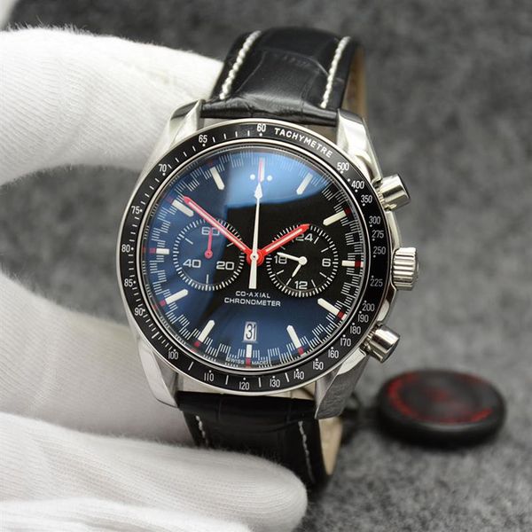 44mm quartz chronograph date mens watches red hands black leather strap fixed bezel with a ring showing tachymeter markings284d, Slivery;brown
44mm quartz chronograph date mens watches red hands black leather strap fixed bezel with a ring showing tachymeter markings284d, Slivery;brown