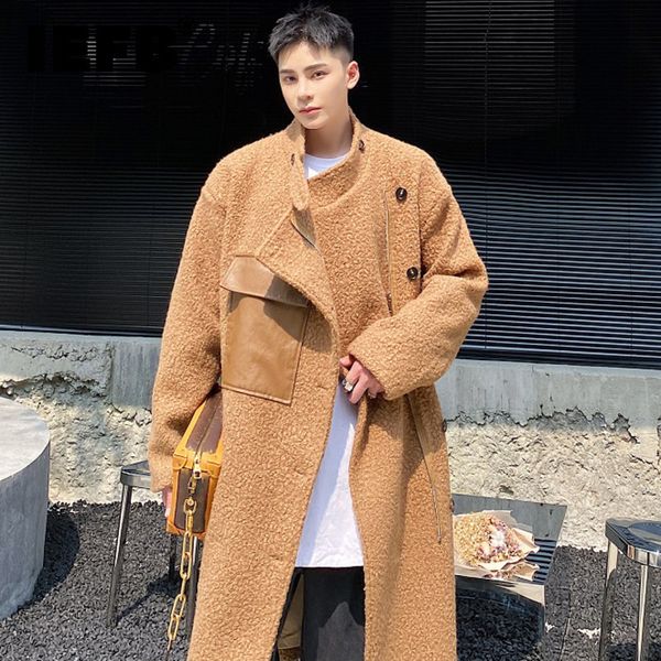 men's wool blends iefb niche design woolen coat 2023 winter pu leather patchwork pockets zipper single breasted long overcoat male, Black
men's wool blends iefb niche design woolen coat 2023 winter pu leather patchwork pockets zipper single breasted long overcoat male, Black