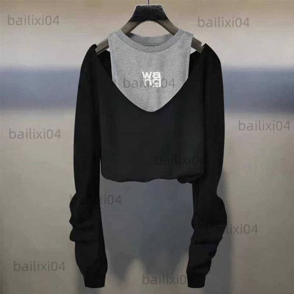 women's hoodies sweatshirts aw wang shoulder letter short long sleeve t-shirt early autumn style spliced fake two piece sweater t230325, Black
women's hoodies sweatshirts aw wang shoulder letter short long sleeve t-shirt early autumn style spliced fake two piece sweater t230325, Black