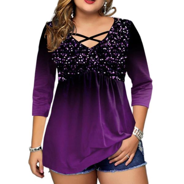 women's plus size tshirt tunic gradient patchwork three quarter sleeve oversized loose cross v neck peplum t shirt streetwear 230324, Black
women's plus size tshirt tunic gradient patchwork three quarter sleeve oversized loose cross v neck peplum t shirt streetwear 230324, Black