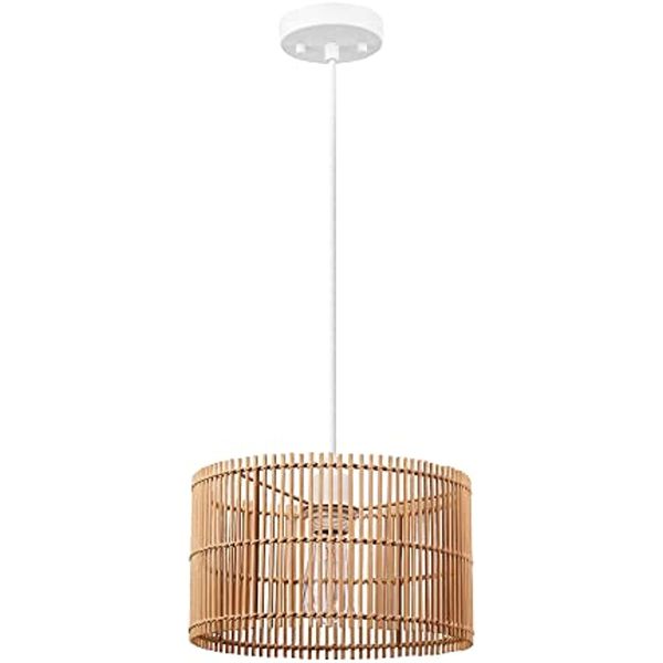 1-light pendant lighting, natural bamboo shade, white fabric cord