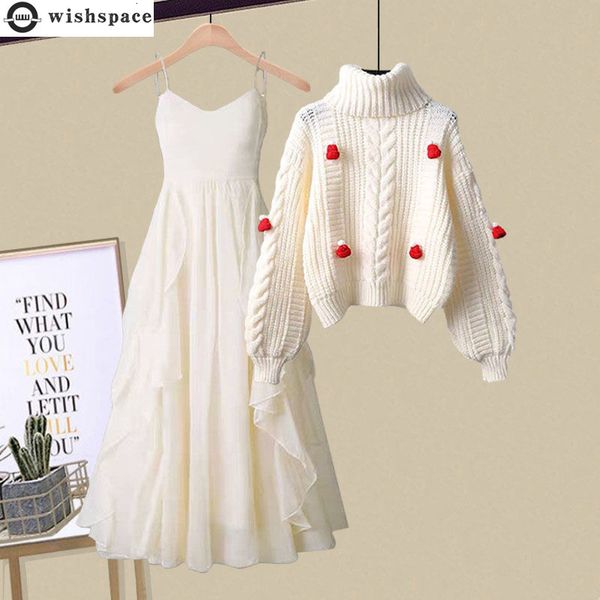 two piece dress autumn sweet aging high neck knitted sweater suspender two-piece elegant women's skirt suit club party 230325, White 
two piece dress autumn sweet aging high neck knitted sweater suspender two-piece elegant women's skirt suit club party 230325, White
