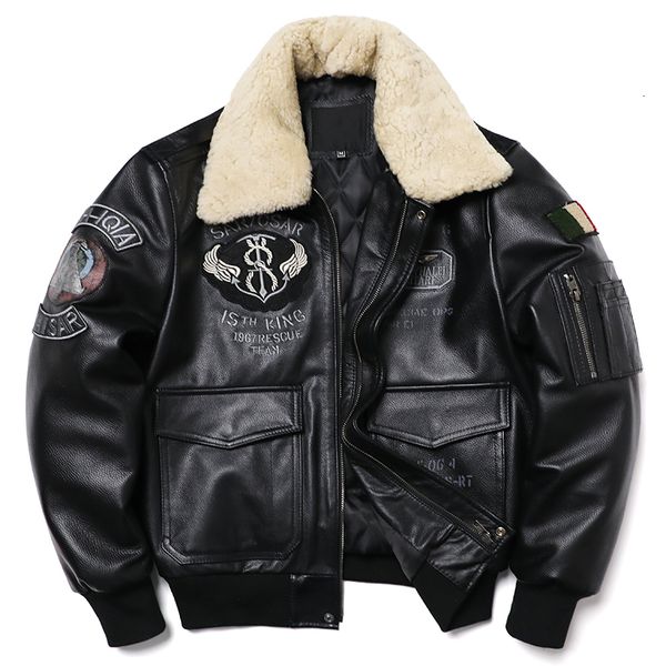 men's leather faux wool collar air force flight jacket natural cowhide genuine coat embroidery jackets fashion motorcycle cloth 230324, Black
men's leather faux wool collar air force flight jacket natural cowhide genuine coat embroidery jackets fashion motorcycle cloth 230324, Black
