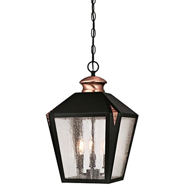 valley forge three-light outdoor pendant, matte black finish with washed copper accents and clear seeded glass
valley forge three-light outdoor pendant, matte black finish with washed copper accents and clear seeded glass