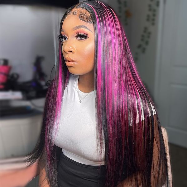 brazilian hair highlight pink colord lace front wigs for women straight blonde transparent lace front wig synthetic prepluced, Black
brazilian hair highlight pink colord lace front wigs for women straight blonde transparent lace front wig synthetic prepluced, Black