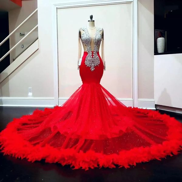 2023 red crystal beads mermaid prom dresses with feathers sheer long sleeves plus size formal evening occasion gowns, Black
2023 red crystal beads mermaid prom dresses with feathers sheer long sleeves plus size formal evening occasion gowns, Black