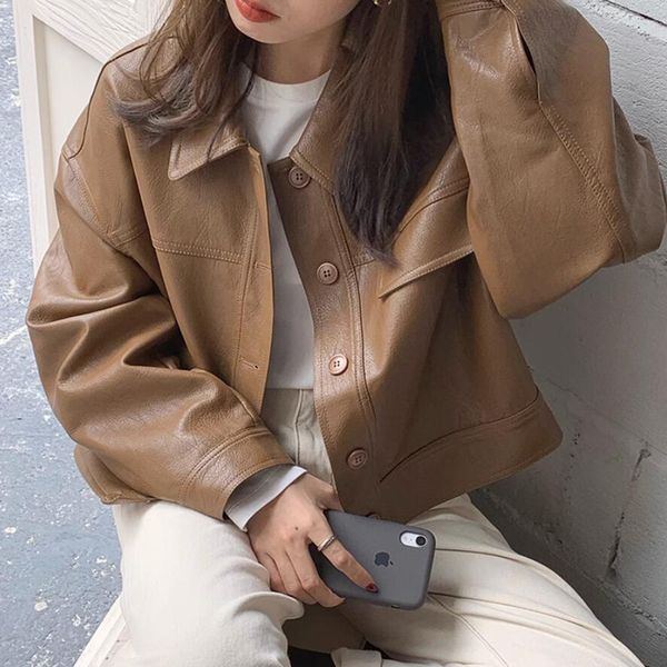 women's jacket handsome turndown collar black pu leather 2023 spring button up basic short motor biker outwear s549 230324, Black;brown
women's jacket handsome turndown collar black pu leather 2023 spring button up basic short motor biker outwear s549 230324, Black;brown