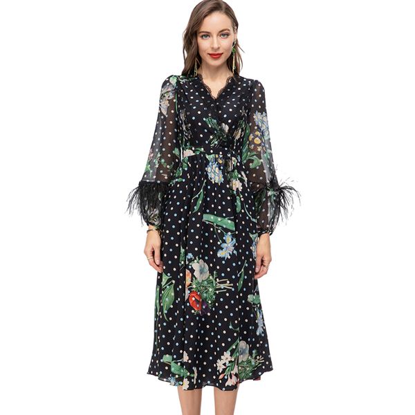 women's runway dresses v neck long sleeves feather detailing printed elegant fashion designer vestidos, Black
women's runway dresses v neck long sleeves feather detailing printed elegant fashion designer vestidos, Black