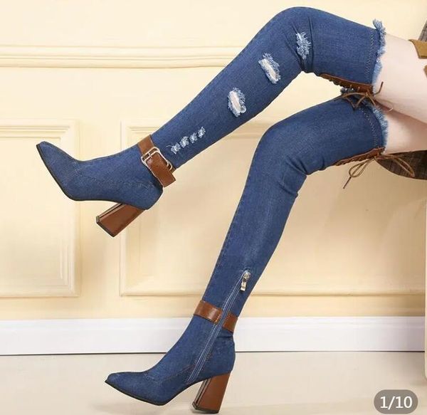 2023 womens denim boots over the knee pointed toe thick high heels shoes woman casual tassel cut out jeans long botas mujer, Black
2023 womens denim boots over the knee pointed toe thick high heels shoes woman casual tassel cut out jeans long botas mujer, Black