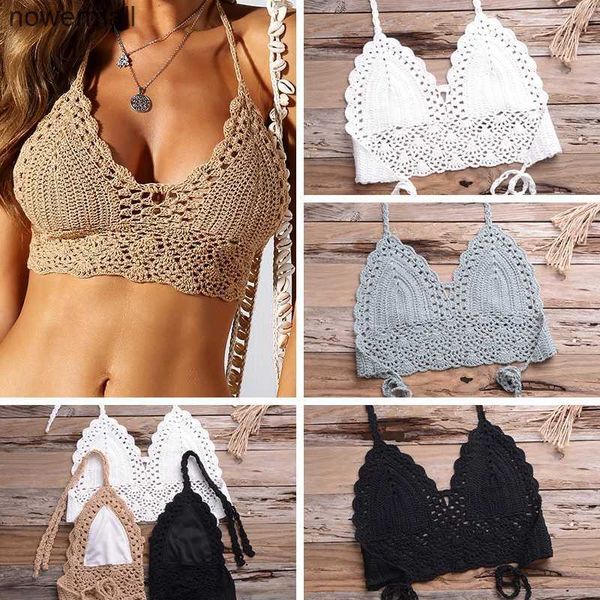 womens bralette halter neck crop knit crochet cami summer bikini blouse bra, White;black