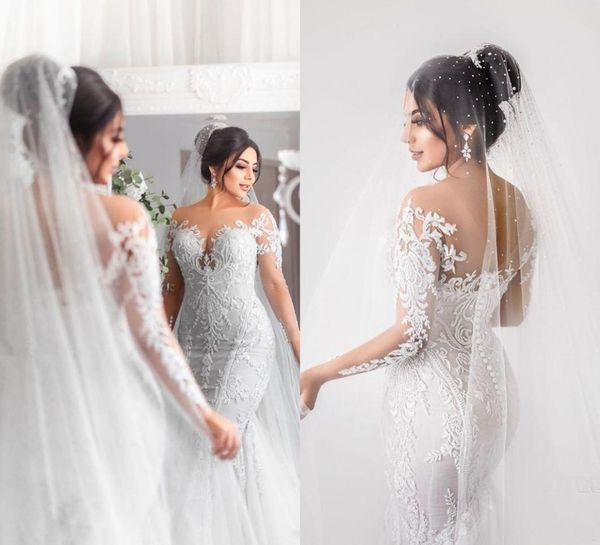 2020 long sleeve mermaid wedding dresses bridal gowns sheer jewel neck lace appliqued buttons back robe de mariee arabic wedding d5918892, White
2020 long sleeve mermaid wedding dresses bridal gowns sheer jewel neck lace appliqued buttons back robe de mariee arabic wedding d5918892, White