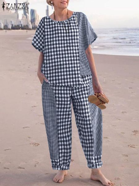 women's two piece pants 2pcs summer women's tracksuit vintage plaid checked matching sets zanzea fashion short sleeve blouse suits, White
women's two piece pants 2pcs summer women's tracksuit vintage plaid checked matching sets zanzea fashion short sleeve blouse suits, White