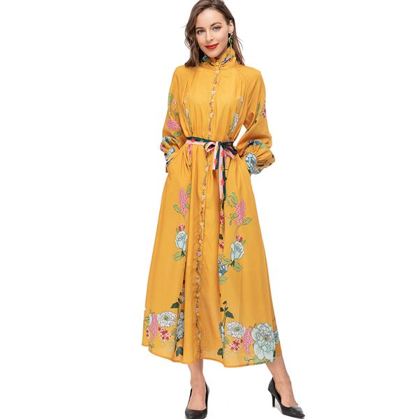 women's runway dresses stand colllar long lantern sleeves printed sash belt fashion designer high street vestidos, Black
women's runway dresses stand colllar long lantern sleeves printed sash belt fashion designer high street vestidos, Black