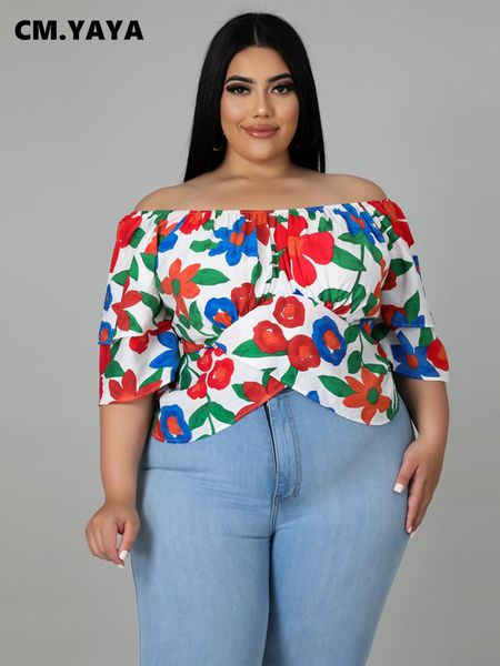 women's blouses shirts cm.yaya women plus size floral cartoon print off shoulder three quarter sleeve tie up back irregular hem blouse, White
women's blouses shirts cm.yaya women plus size floral cartoon print off shoulder three quarter sleeve tie up back irregular hem blouse, White