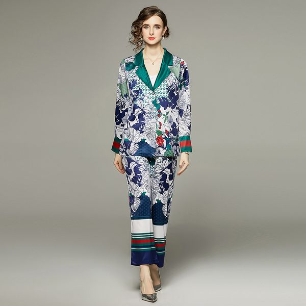 2023 retro floral two piece pants designer pajamas sets women blazer neck and graceful wide leg trousers home wear set long sleeve lace up, White
2023 retro floral two piece pants designer pajamas sets women blazer neck and graceful wide leg trousers home wear set long sleeve lace up, White