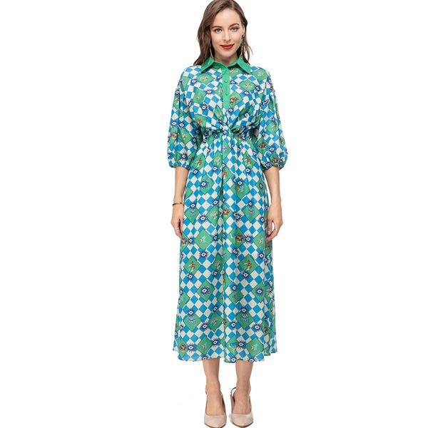 women's runway dresses turn down collar 3/4 sleeves printed elastic waist elegant fashion designer vestidos, Black
women's runway dresses turn down collar 3/4 sleeves printed elastic waist elegant fashion designer vestidos, Black