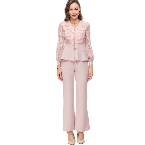 women's runway two piece pants v neck long lantern sleeves peplum ruffles blouse with pant twinsets sets, White
women's runway two piece pants v neck long lantern sleeves peplum ruffles blouse with pant twinsets sets, White
