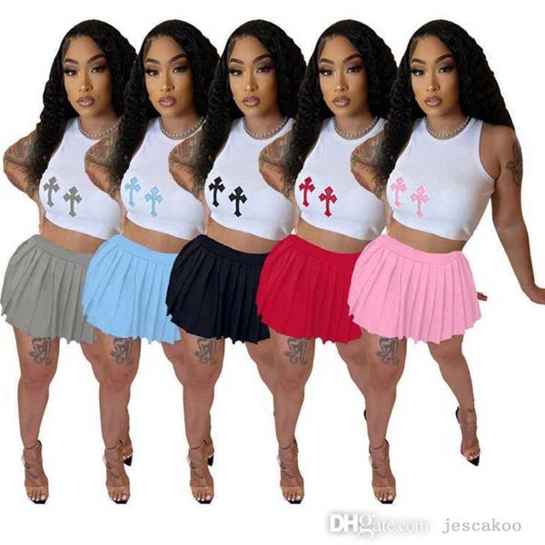 2023 summer short tracksuits women two piece dress set outfits designer printed suspenders pleated skirt suit, Gray
2023 summer short tracksuits women two piece dress set outfits designer printed suspenders pleated skirt suit, Gray