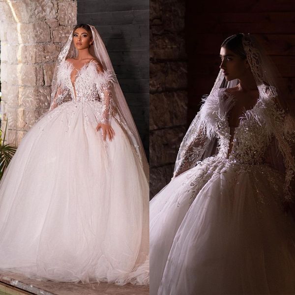 luxurious feather white arabic wedding dresses ball gown deep v neck bridal dress full sleeve lace custom made gowns
luxurious feather white arabic wedding dresses ball gown deep v neck bridal dress full sleeve lace custom made gowns