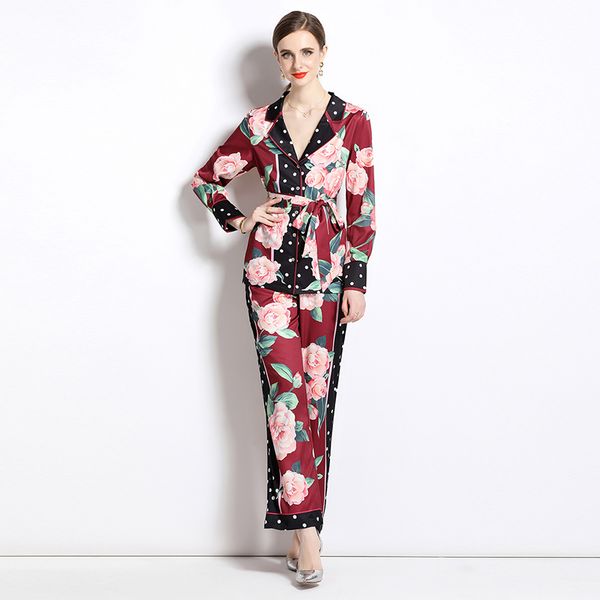 red two piece pants designer pajamas floral set 2023 graceful blazer neck and wide leg trousers chic women sets long sleeve home wear comfo, White
red two piece pants designer pajamas floral set 2023 graceful blazer neck and wide leg trousers chic women sets long sleeve home wear comfo, White
