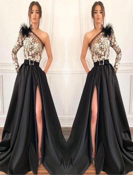 one shoulder satin a line long prom dresses long sleeve lace applique feather split floor length formal party evening dresses bc162780988, Black
one shoulder satin a line long prom dresses long sleeve lace applique feather split floor length formal party evening dresses bc162780988, Black
