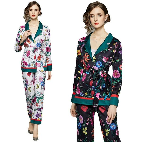 2023 designer floral two piece pants pajamas sets women lace up bow and wide leg trousers blazer neck graceful set long sleeve home wear cu, White
2023 designer floral two piece pants pajamas sets women lace up bow and wide leg trousers blazer neck graceful set long sleeve home wear cu, White