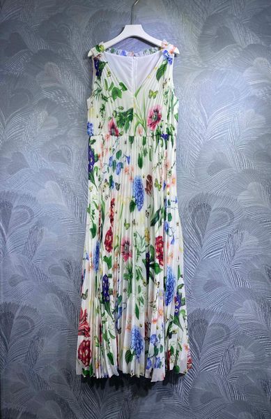 spring 2023 new tank dress, mix cotton v-neck print folded long, Black;gray