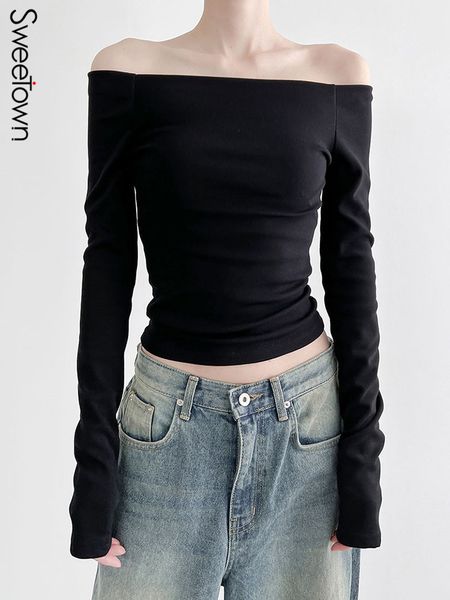 women's tshirt sweetown black solid slash neck elegant long sleeve korean fashion slim cropped t shirt women fall clothing 23327, White
women's tshirt sweetown black solid slash neck elegant long sleeve korean fashion slim cropped t shirt women fall clothing 23327, White