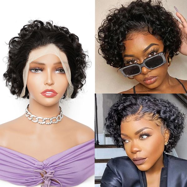 13x4 deep curly pixie cut short wig human hair 6 inch indian virgin hair wig pre-plucked hairline transparent lace frontal wig, Black;brown
13x4 deep curly pixie cut short wig human hair 6 inch indian virgin hair wig pre-plucked hairline transparent lace frontal wig, Black;brown