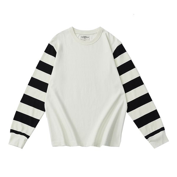 women s t shirt 280g heavy weight long sleeve t shirt men spring autumn vintage knitted round neck striped motorcycle tshirt punk casual 23, White 
women s t shirt 280g heavy weight long sleeve t shirt men spring autumn vintage knitted round neck striped motorcycle tshirt punk casual 23, White