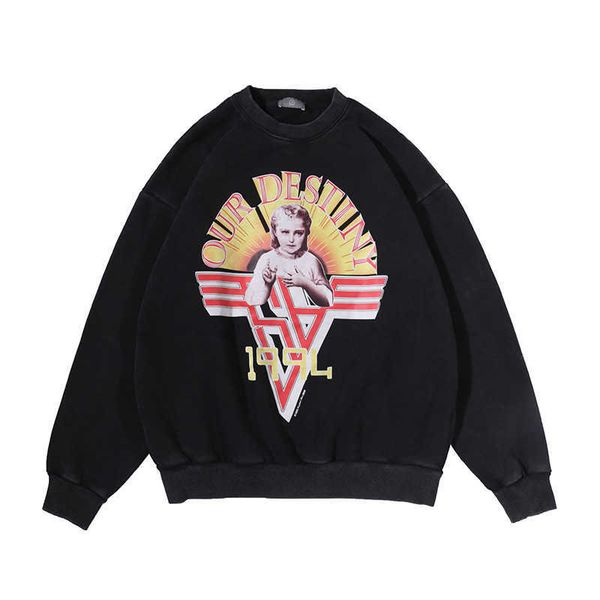 designer fashion hoodie saint michael american style washed old destiny girls' printed round neck sweater, Black
designer fashion hoodie saint michael american style washed old destiny girls' printed round neck sweater, Black