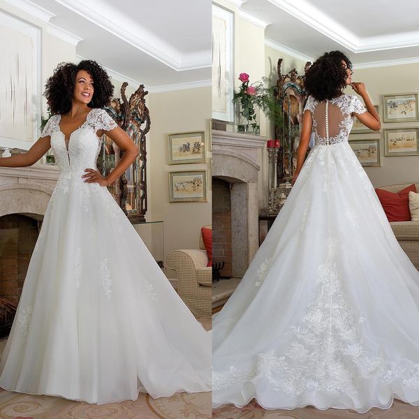 elegant a-line wedding dresses v-neck short sleeve lace applicants tulle hollow chapel gown custom made zipper plus size bridal dress vestid, White
elegant a-line wedding dresses v-neck short sleeve lace applicants tulle hollow chapel gown custom made zipper plus size bridal dress vestid, White