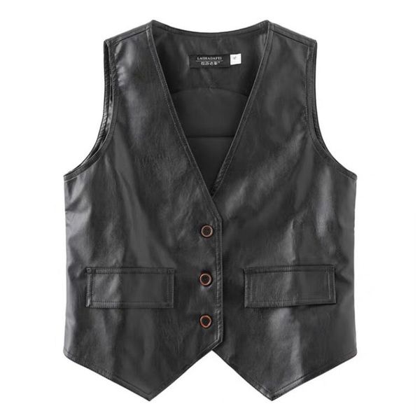 women's vests women autumn winter fashion pu leather vest female solid v-neck button sleeveless vests ladies casual short waistcoat a16, Black;white
women's vests women autumn winter fashion pu leather vest female solid v-neck button sleeveless vests ladies casual short waistcoat a16, Black;white